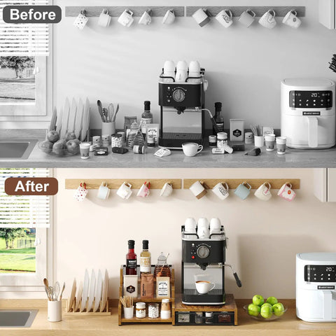 Before and after image of kitchen counter tidy with All In One Coffee Station Organizer With K Cup Holder And 28 Cup Capacity in Rustic Brown.