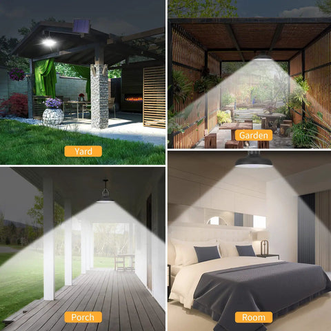 Solar Powered Outdoor Pendant Light With Remote illuminating yard, garden, porch, and room with adjustable color temperatures.