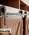 Mini Black Rustic Sliding Barn Door Hardware Kit For Two Doors, 66 Inch Flat Track With Arrow Rollers installed on wood cabinet