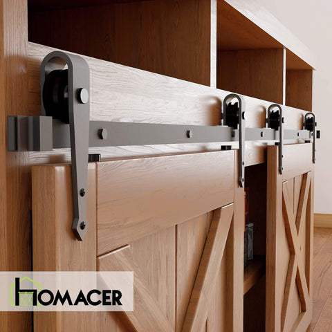 Mini Black Rustic Sliding Barn Door Hardware Kit For Two Doors, 66 Inch Flat Track With Arrow Rollers installed on wood cabinet