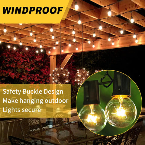 Outdoor patio with string lights secured using 30 Pack Cup Screw In Hanger Hooks With Safety Buckle For Outdoor String Lights Plants And Patio Decor Built Tough Weatherproof Black 2.2 Inch Ceiling And Wall Mount Heavy Duty 40 Lb Capacity.