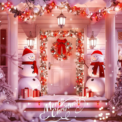 Festive porch with snowmen, Christmas wreath, lights, and decorated gifts in a snowy setting. Merry Christmas written below.