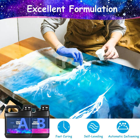 Person using All In One 82 Oz Epoxy Resin Kit With 15 Pigments And 15 Mica Colors For Crystal Clear Casting on tabletop.