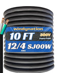 Heavy Duty 10 Foot 12 AWG 4 Conductor SJOOW Power Cable Cord Rock Solid Extension Wire Rated For EV Battery Boxes And Construction Sites 300 Volt Waterproof Industrial Grade Supply Line in coiled form with visible conductors.