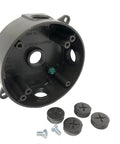 Heavy Duty Weatherproof Round Electrical Outlet Box With Five Holes One Half Inch Diameter, Bronze Finish, UL Listed, Includes Mounting Lugs Closure Plugs And Ground Screws For Quick No Fuss Install.