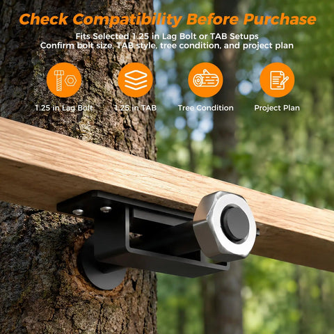 Treehouse Floating Bracket For 1.25 Inch Hardware Built Tough For Between Trees Or Post Handles 1.25 X 15 Inch Lag Bolts Or TABs Black Powder Coated Alloy Steel With UHMW Bearing Surface For Ultra Smooth Movement.