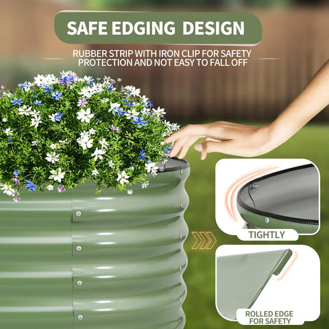 Galvanized Raised Garden Bed Kit 4x2x1.4 Ft Oval Steel Outdoor Planter With Safe Folded Edge and flowers visible