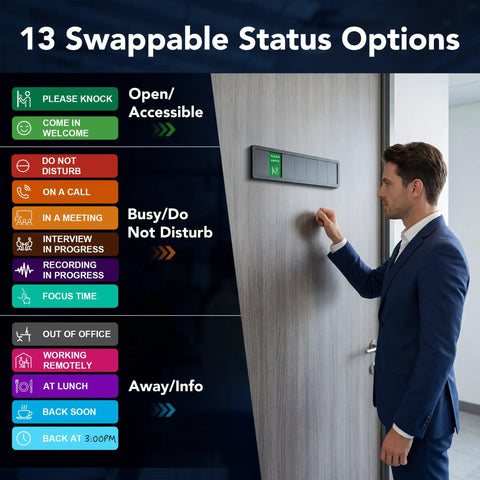 7 Zone Sliding Office Door Sign With 13 Interchangeable Messages From Do Not Disturb To In A Meeting Please Knock Recording Out Of Office And More For Private Offices And Conference Rooms Brushed Silver Patent Pending displayed by a person
