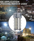 Super Bright 250W LED Temporary Work Light With 37500 Lumens 5000K Cool White Stainless Steel Shield and Heavy Duty Hook shown indoors and outdoors at construction and work sites