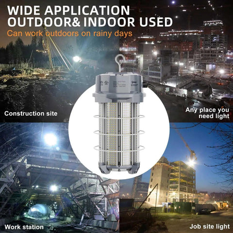 Super Bright 250W LED Temporary Work Light With 37500 Lumens 5000K Cool White Stainless Steel Shield and Heavy Duty Hook shown indoors and outdoors at construction and work sites
