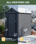 4x6 Ft Resin Outdoor Storage Shed With Reinforced Floor And Lockable Door No Fuss All Weather Plastic Tool Shed With Window And Vents For Garden Patio Bikes Garbage Cans And Yard Gear Dark Gray, showcasing weather resistance features in garden setting.