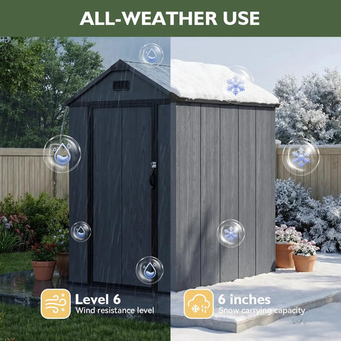 4x6 Ft Resin Outdoor Storage Shed With Reinforced Floor And Lockable Door No Fuss All Weather Plastic Tool Shed With Window And Vents For Garden Patio Bikes Garbage Cans And Yard Gear Dark Gray, showcasing weather resistance features in garden setting.