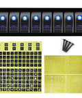 8 Gang Waterproof Rocker Switch Panel With Blue LED Backlight, includes label stickers and screws for 12V and 24V use.