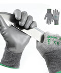 Heavy Duty Cut Resistant Gloves Level 4 EN388 Certified holding a knife, showing gray glove texture, breathable material