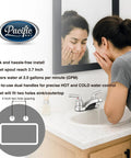 Woman using Two Lever Bathroom Sink Faucet With Elegant Arc Spout In Brushed Satin Nickel Finish Built To Last Aerated Water Stream