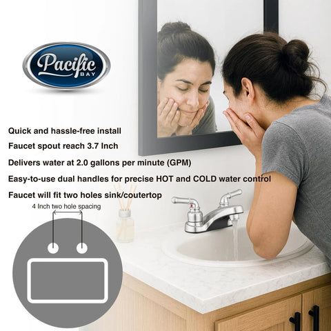 Woman using Two Lever Bathroom Sink Faucet With Elegant Arc Spout In Brushed Satin Nickel Finish Built To Last Aerated Water Stream