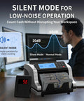 Silent mode operation of Fast Money Counter With Fake Bill Detection And Multispectral UV MG IR MT DD Sensors Counts Dollars And Euros And Has Value Count Add Batch Auto Modes External LCD Display For Easy Verification