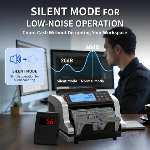 Silent mode operation of Fast Money Counter With Fake Bill Detection And Multispectral UV MG IR MT DD Sensors Counts Dollars And Euros And Has Value Count Add Batch Auto Modes External LCD Display For Easy Verification