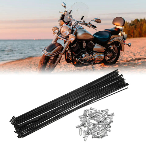 Beefed Up 40 Pcs 14G Bicycle Spokes 286mm Length With Nipples Kit For Most Bikes Durable Stainless Steel Wheel Spoke Replacement Set Built For Road Mountain And Hybrid Bikes shown in foreground with motorcycle in background