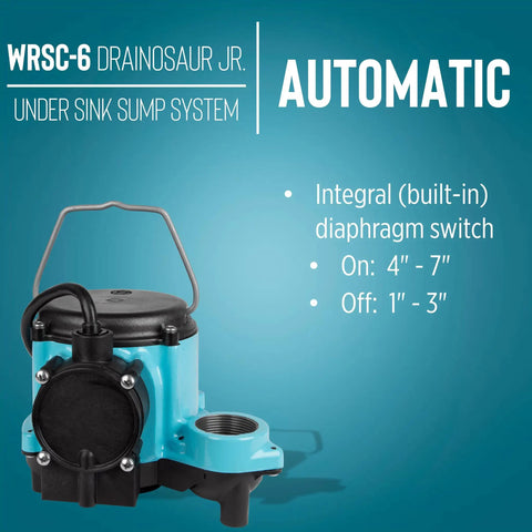 Compact Under Sink Sump Pump System Drainosaur 115V One Third HP 2760 GPH with built-in diaphragm switch, blue unit