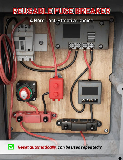 Control panel with Beefy 40 Amp Automatic Reset Circuit Breaker For Automotive Truck Camper RV With Nylon Insulation And Anti Rust Stud Terminals installed.