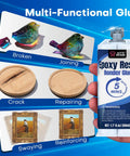 Epoxy Resin Bonder Glue 5 Minutes 50ml showing uses for joining, repairing, and reinforcing various materials.