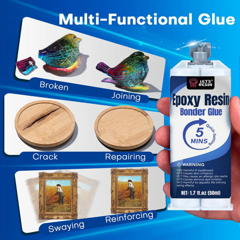 Epoxy Resin Bonder Glue 5 Minutes 50ml showing uses for joining, repairing, and reinforcing various materials.