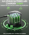 Rechargeable AA Lithium Batteries With 12 Slot Charger Pack Of 12, 3600mWh Each, 1.5V, 2000+ Cycles, Green, LED indicator