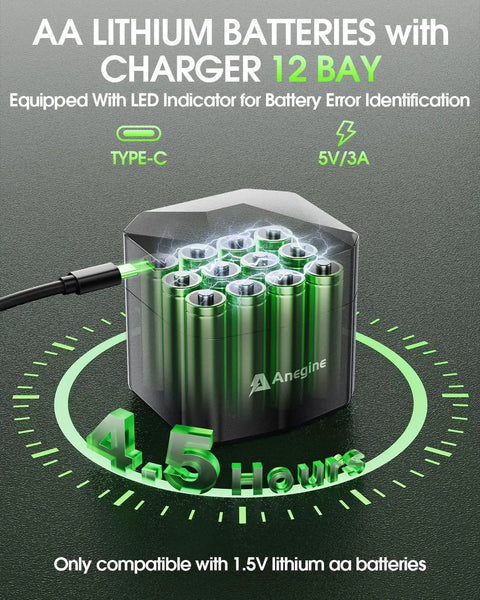 Rechargeable AA Lithium Batteries With 12 Slot Charger Pack Of 12, 3600mWh Each, 1.5V, 2000+ Cycles, Green, LED indicator