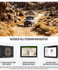 Tread 2 Overland Edition Off-Road GPS Navigator for tough terrain in rocky landscape with truck, 8-inch touchscreen insets shown.
