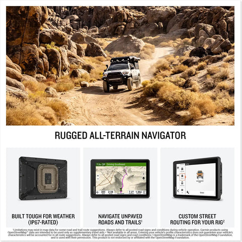 Tread 2 Overland Edition Off-Road GPS Navigator for tough terrain in rocky landscape with truck, 8-inch touchscreen insets shown.