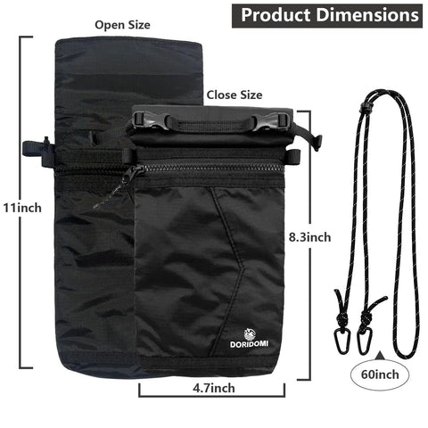 Faraday Bag For Phone And Key Fob With Signal Blocking Pouch Shields GPS WiFi Bluetooth Cellular Signals RFID Travel Privacy Case For Daily Data Protection Black; dimensions shown with open and closed size, includes 60-inch strap.