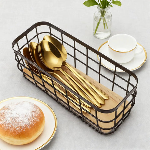 Set Of 2 Small Wire Baskets For Countertop Storage, Rustic Farmhouse Style with spoons on wood base