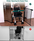Heavy Duty Rock Solid Extra Wide Baby Gate With Foldable Metal Panels And Oversized Walk Through Door Expands To Fit Large Openings For Kids And Pets No Sweat Setup showing wider 25-inch opening for stroller access.