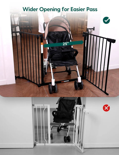 Heavy Duty Rock Solid Extra Wide Baby Gate With Foldable Metal Panels And Oversized Walk Through Door Expands To Fit Large Openings For Kids And Pets No Sweat Setup showing wider 25-inch opening for stroller access.