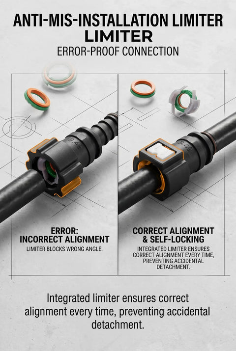 Anti-mis-installation limiter shown with connectors, demonstrating error-proof connection for hose alignment.