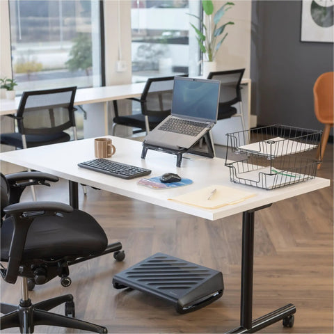 Office desk featuring Wire Desk Tray Organizer For Letter And Legal Size Papers Black 5 Inch Buildable File Bin next to computer setup