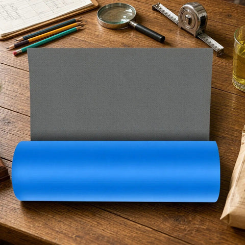 Heavy Duty Roofing Underlayment Tape on a wooden table with a gray background ready for application.