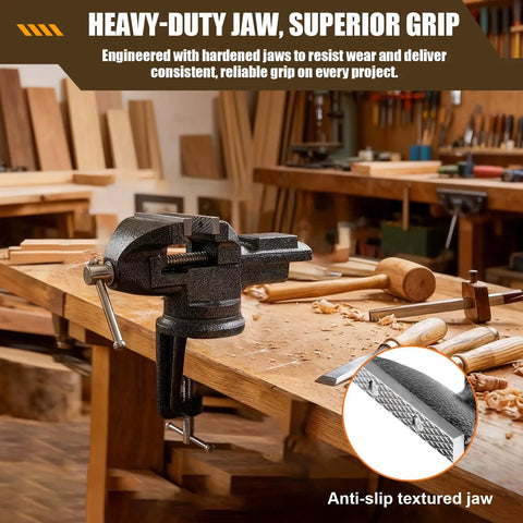 Beefy Three Inch Bench Vise With 360 Degree Swivel Base Clamp On Heavy Duty Cast Iron Vise for woodworking on a bench