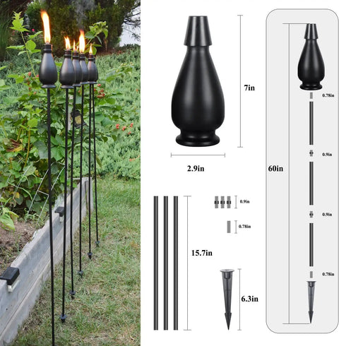 Citronella Torches 6 Pack for Outdoor Lighting, 60 Inch Jet Black Metal Pathway Torches with diagram and ground stakes