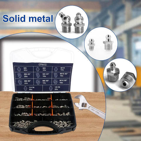270 Piece Galvanized Grease Zerk Fitting Kit With Imperial And Metric Range in open organizer with wrench display