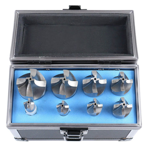Accusize HSS corner rounding end mill set, 8 pcs, sizes 1/16–3/8 in, in blue foam case