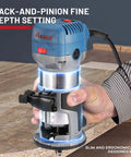 Person using Compact Wood Router Kit with 6.5A motor and dust hood on wooden surface for precise edge work.