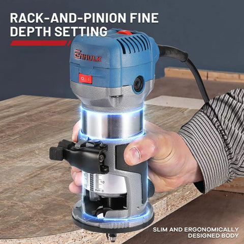 Person using Compact Wood Router Kit with 6.5A motor and dust hood on wooden surface for precise edge work.