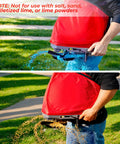 Man using Handheld Seed Spreader With 25 Pound Bag Upright 3D Frame For No Spill Seed Spreading on green lawn