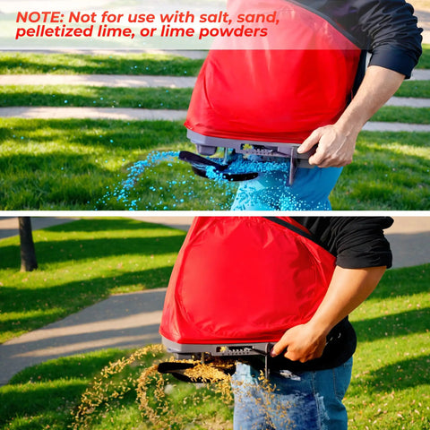 Man using Handheld Seed Spreader With 25 Pound Bag Upright 3D Frame For No Spill Seed Spreading on green lawn