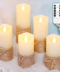 Flickering Flameless Candles Set Of 5 Battery Pillar Candles With Timer, hemp rope wrapped, remote included, for home decor