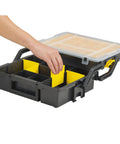 Hand adjusting divider in Multi Level Organizer Box With Dividers And Cantilever Design Portable And Linkable For Easy Access.
