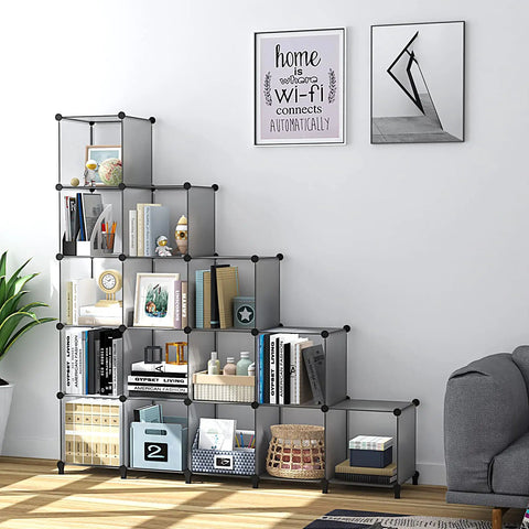 16 Cube Gray Storage Organizer Kit For Bedroom Office Living Room Modular DIY Shelf System displaying books and decor
