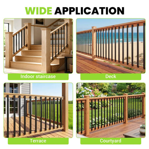 Built Like a Tank 105 Piece 32 Inch Deck Railing Kit with metal balusters used in indoor staircase and outdoor deck.